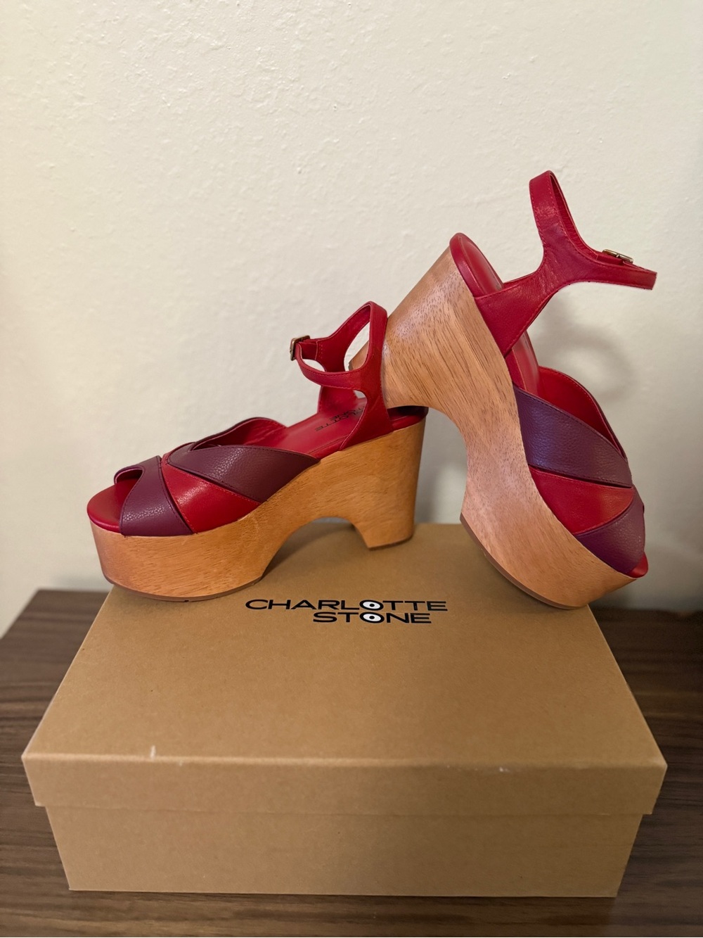 Charlotte Stone Two-Tone Red & Burgundy Platform Wedge Sandals - Picture 11 of 12